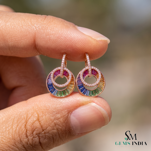 Elegant Rainbow Sapphire Baguette Diamond Circle Earrings - Luxury Statement Earrings