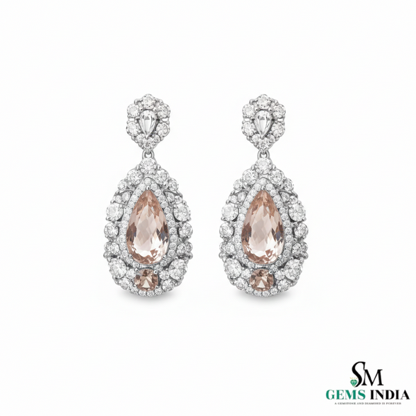 Elegant Pear Morganite Diamond Cluster Drop Earrings - Wedding guest jewelry