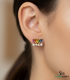 Multi Color Sapphire Baguette Stud Earrings with Diamond Accent