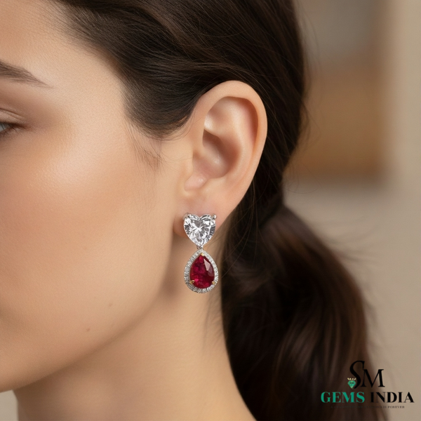 Pear Ruby Drop Earrings with Heart Moissanite & Diamond Accents in 18k Gold