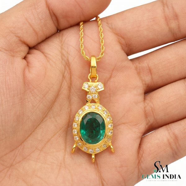 9.50 carat Royal Green Natural Emerald Necklace Diamond Accent Oval Pendant in 14k Gold