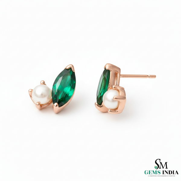 Marquise Cut Emerald & Pearl Stud Earrings – Green Gemstone Minimalist Fine Jewelry