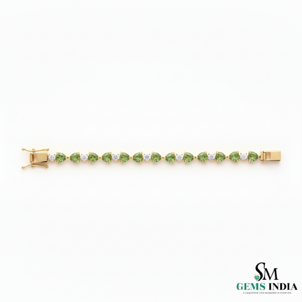 Green Heart Cut Gemstone & Diamond Gold Tennis Bracelet - Heart Jewelry