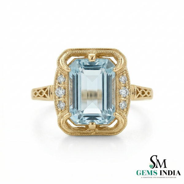 Emerald Cut Aquamarine Halo Ring with Diamond Accents - Vintage Inspired Statement Ring