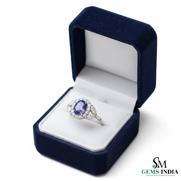 Round Tanzanite & Diamond Halo Ring with Marquise Side Diamonds in 18k Gold