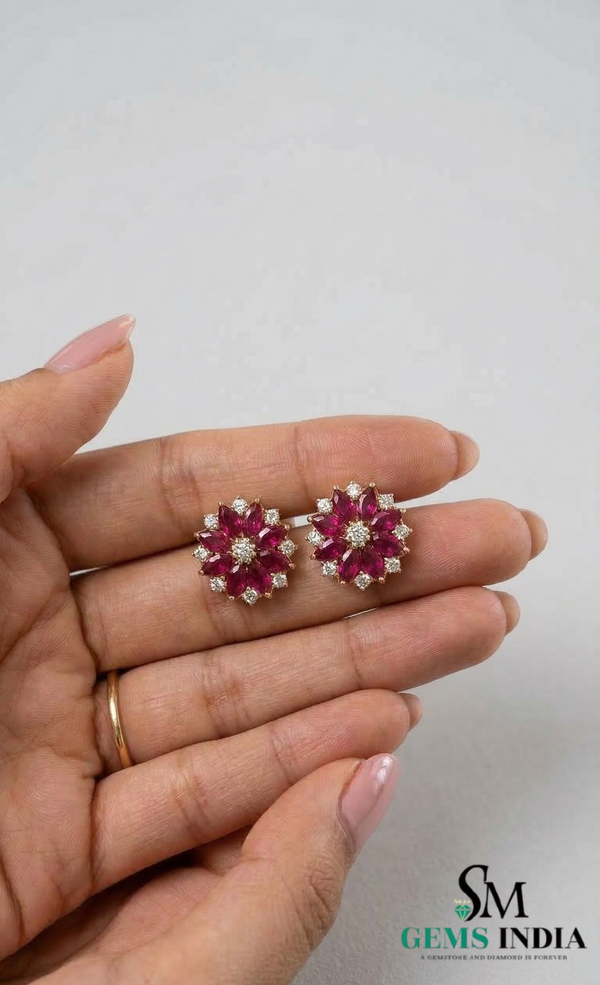 Marquise Ruby Flower Stud Earrings with Diamonds - July Birthstone Jewelry