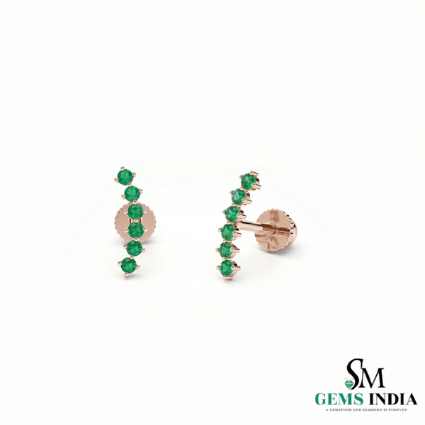Round Emerald Vertical Bar Earrings in 14K Gold – Elegant Graduated Green Stone Stud Earrings
