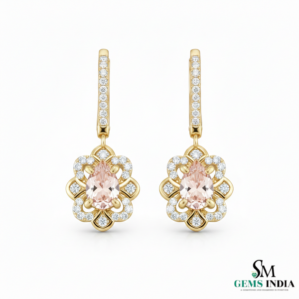 Floral Morganite Diamond Drop Earrings - Luxury Gemstone Earrings