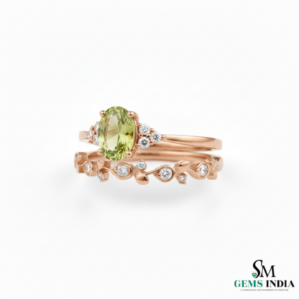 Oval Natural Green Peridot &amp; Diamond Two-Piece Ring Set in 14k and 18k gold - August birthstone