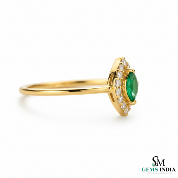 Marquise Cut Green Emerald Halo Ring with Diamond Accents – Vintage Style Fine Jewelry