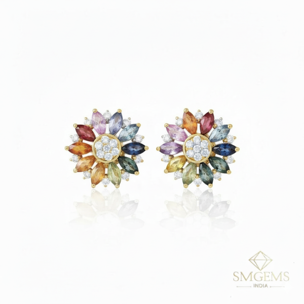 Rainbow Marquise Gemstone Flower Stud Earrings Multi-Color Floral Earrings in 14K Gold