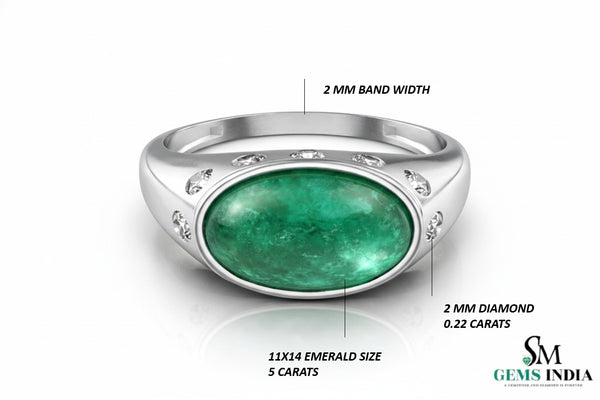 Real Emerald Cabochon Men's Ring - 18k Gold & Diamond May Birthstone