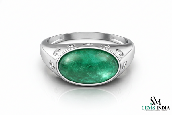 Real Emerald Cabochon Men's Ring - 18k Gold & Diamond May Birthstone