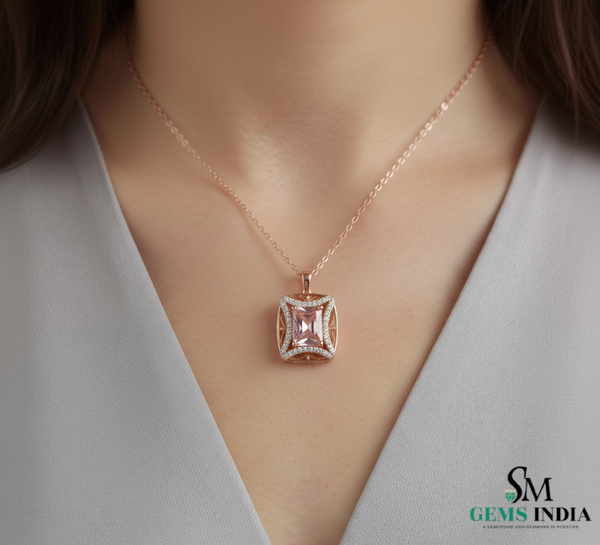 Elegant Emerald Cut Morganite Pendant with Diamond Halo For Women