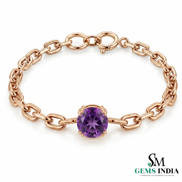 Natural Round Cut Amethyst Gemstone Link Chain Bracelet - Gemstone Jewelry Gift for Her