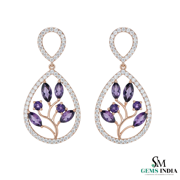 Marquise and Round Natural Tanzanite Diamond Teardrop Dangle Earrings – Elegant Gold Jewelry