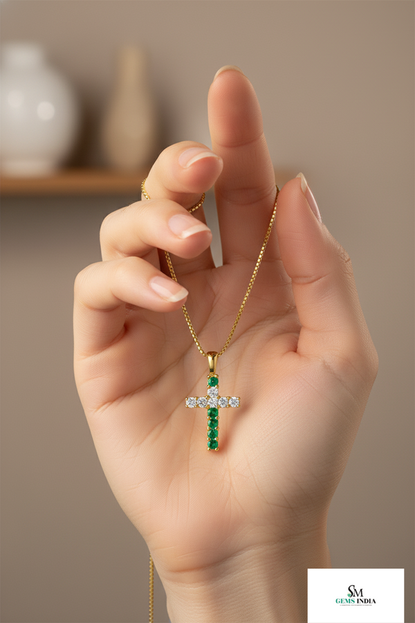 Elegant Natural Emerald Cross Pendant Necklace in 14K Gold Unique Pendant for her
