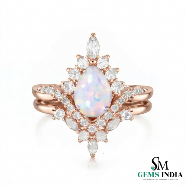 Vintage Teardrop Opal Oval Engagement Ring Double Band Statement Ring