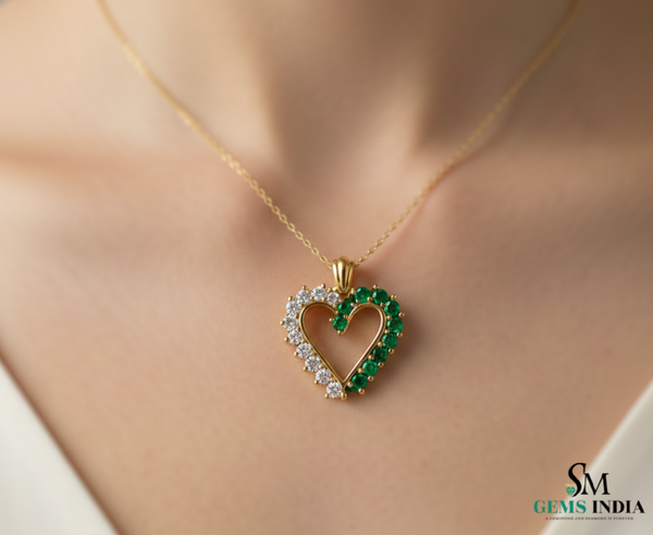 Green Emerald and White Diamond Open Heart Gold Pendant &\- Two Tone Pendant