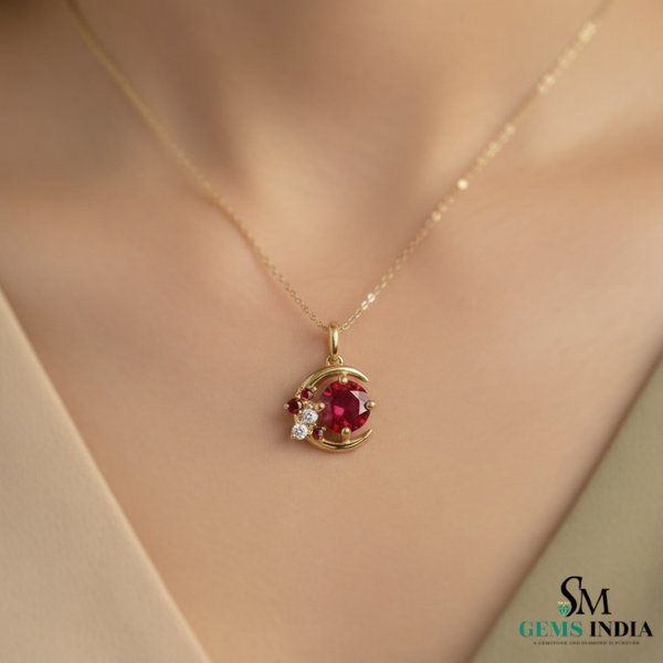 Round Cut Natural Ruby & Diamond Crescent Moon Pendant