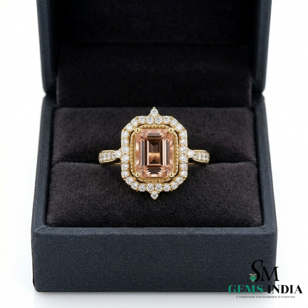 Emerald Cut Peach Morganite Ring with Diamond Halo Engagement Ring
