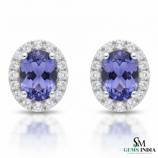 Minimal Oval Cut Tanzanite Halo Stud Earrings in 18k Gold