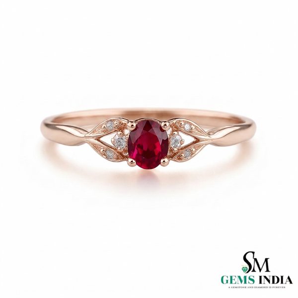 Natural Oval Ruby Ring with Diamond Leaf Design - Classic Ruby Jewelry