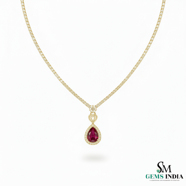 Pear Cut Ruby & Diamond Drop Necklace in 14k and 18k Gold