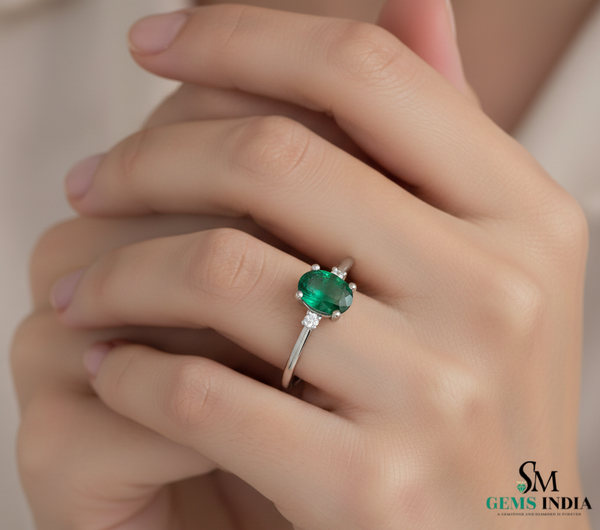 Doppelter Smaragd-Ring in offenem Design aus 14 Karat Gold – Band mit quadratisch und rund geschliffenen grünen Edelsteinen