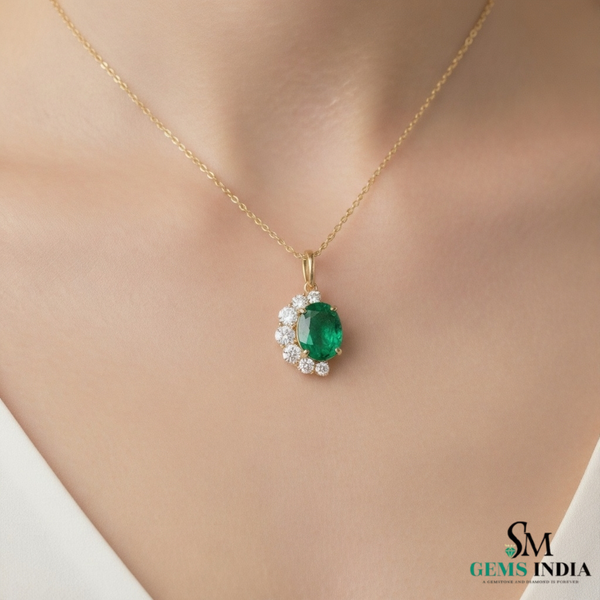 Elegant Oval Emerald & Diamond Half-Halo Pendant Anniversary gift for her
