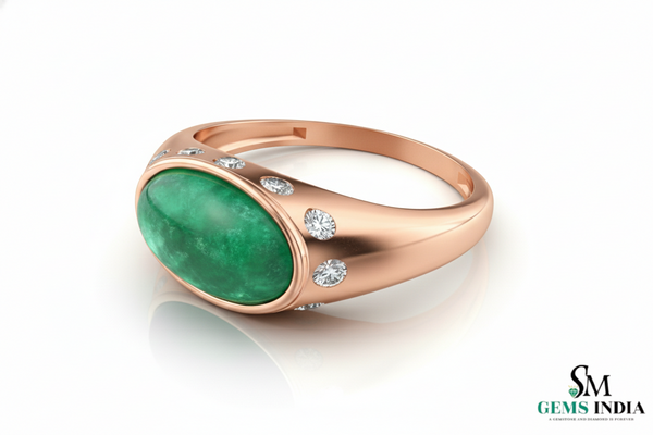 Real Emerald Cabochon Men's Ring - 18k Gold & Diamond May Birthstone