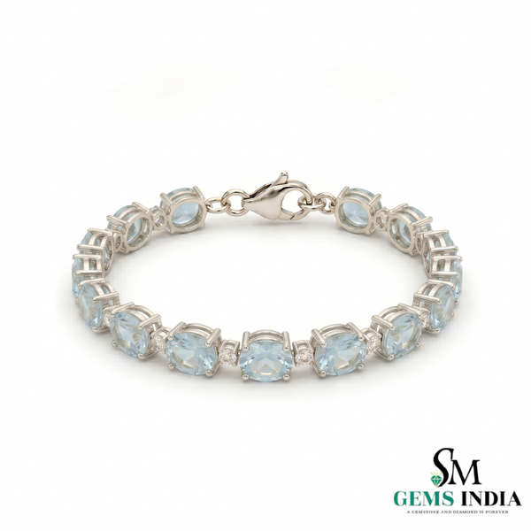 Oval Aquamarine Tennis Bracelet with Diamond Accents - Gift for Wife