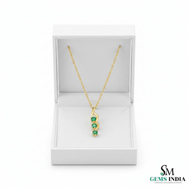 Three Stone Green Emerald Drop Twist Pendant - Halo Gemstone Pendant