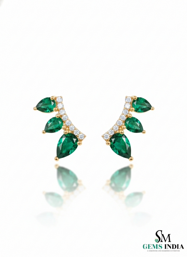 Pear Shape Emerald & Diamond Curved Bar Stud Earrings