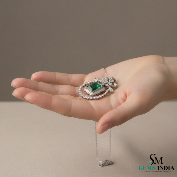 Vintage Style Emerald-Cut Emerald Bow Pendant Luxury Bow Diamond Pendant