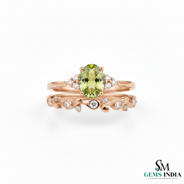 Oval Natural Green Peridot &amp; Diamond Two-Piece Ring Set in 14k and 18k gold - August birthstone