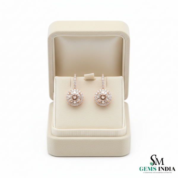 Round Cut Morganite Halo Earrings with Diamond Accents