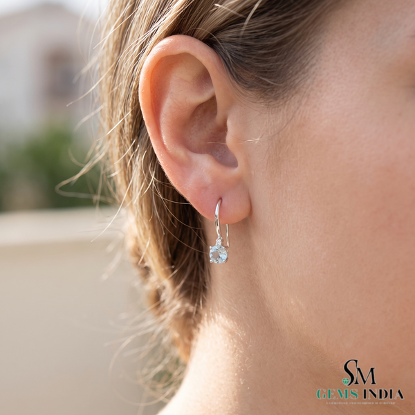 Round Aquamarine Drop Earrings With Diamond Accent - Birthstone Fine Jewelry Gift For Her
