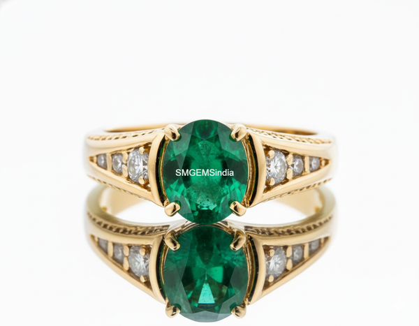 3.20 carat Oval cut Natural Emerald & Diamond Accent Ring with Split Shank Band