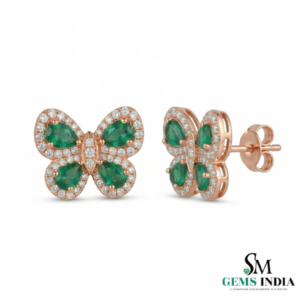 Elegant Pear Emerald & Diamond Butterfly Earrings – Fine Gold Jewelry