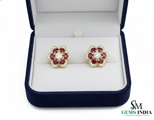 Oval shape Natural Ruby Floral Stud Earrings with Diamond Accents Elegant Gold Jewelry