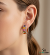Rainbow Oval shape Multi Gemstone & Diamond Huggie Hoop Earrings