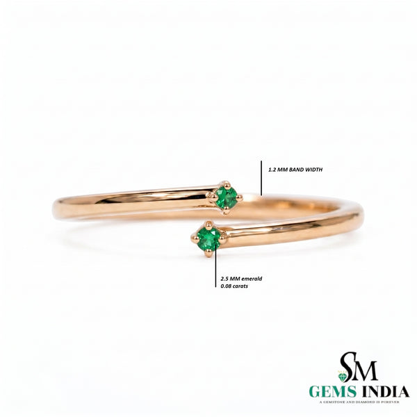 Emerald Bypass Ring in 14K Gold - Open Two Stone Adjustable Minimal Ring