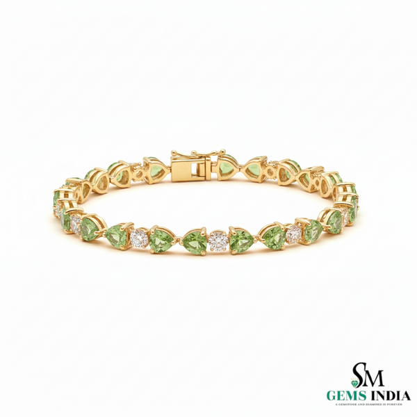 Green Heart Cut Gemstone & Diamond Gold Tennis Bracelet - Heart Jewelry