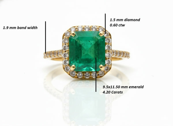 Emerald Cut Natural Emerald &amp; Diamond Halo Promise Ring in 14K Gold 4.20 Carats Fine Jewelry