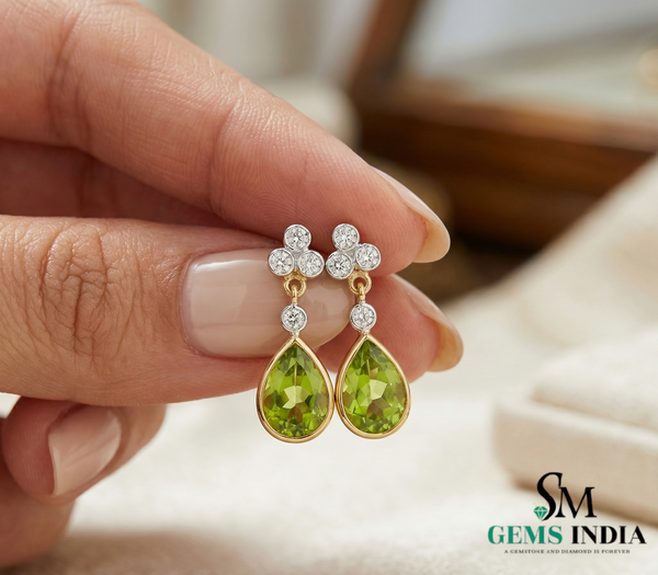 Green Peridot Teardrop Dangle Earrings with Diamond Accents - Fine Jewelry Gift for Her