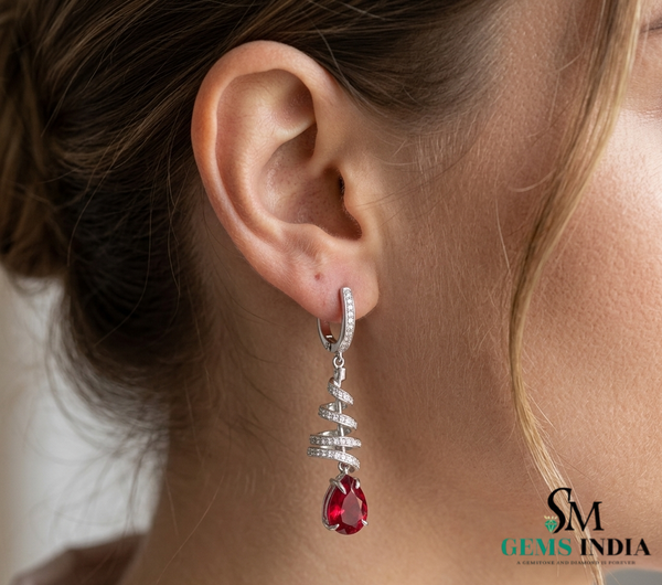 Teardrop Ruby Dangle Earrings with Diamond Spiral Design - Ruby Jewelry for Women