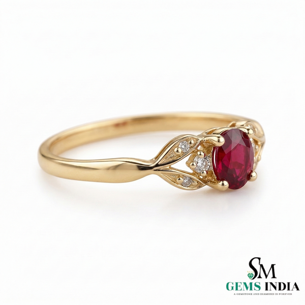 Natural Oval Ruby Ring with Diamond Leaf Design - Classic Ruby Jewelry