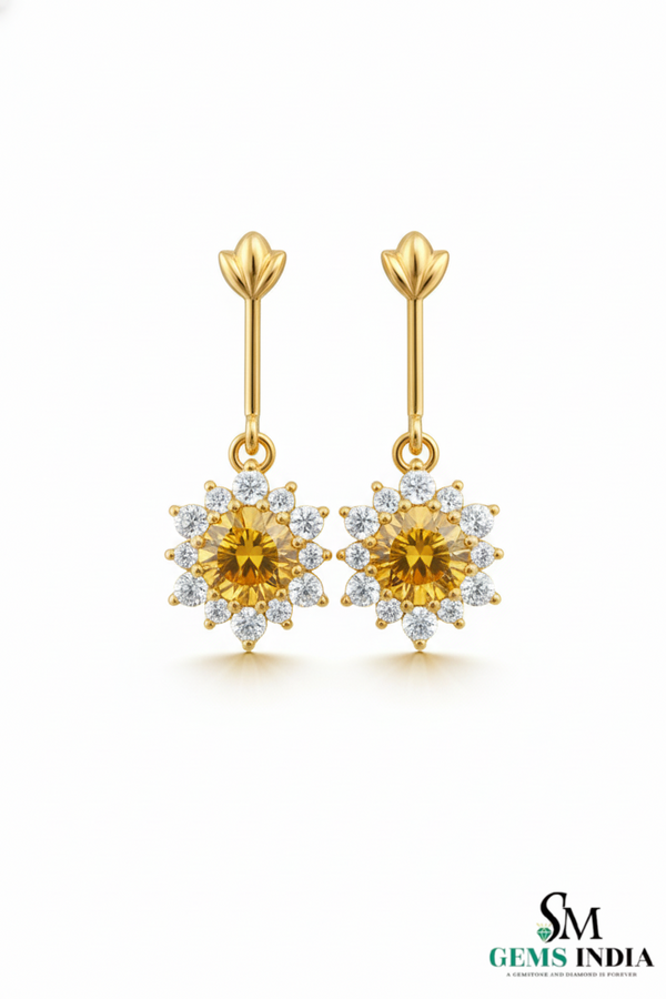 Round cut Natural Citrine & Diamond Floral Drop Earrings - Luxury Jewelry Gift