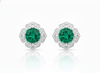 Vintage Floral cushion cutNatural Emerald & Diamond Stud Earrings in 18K Gold